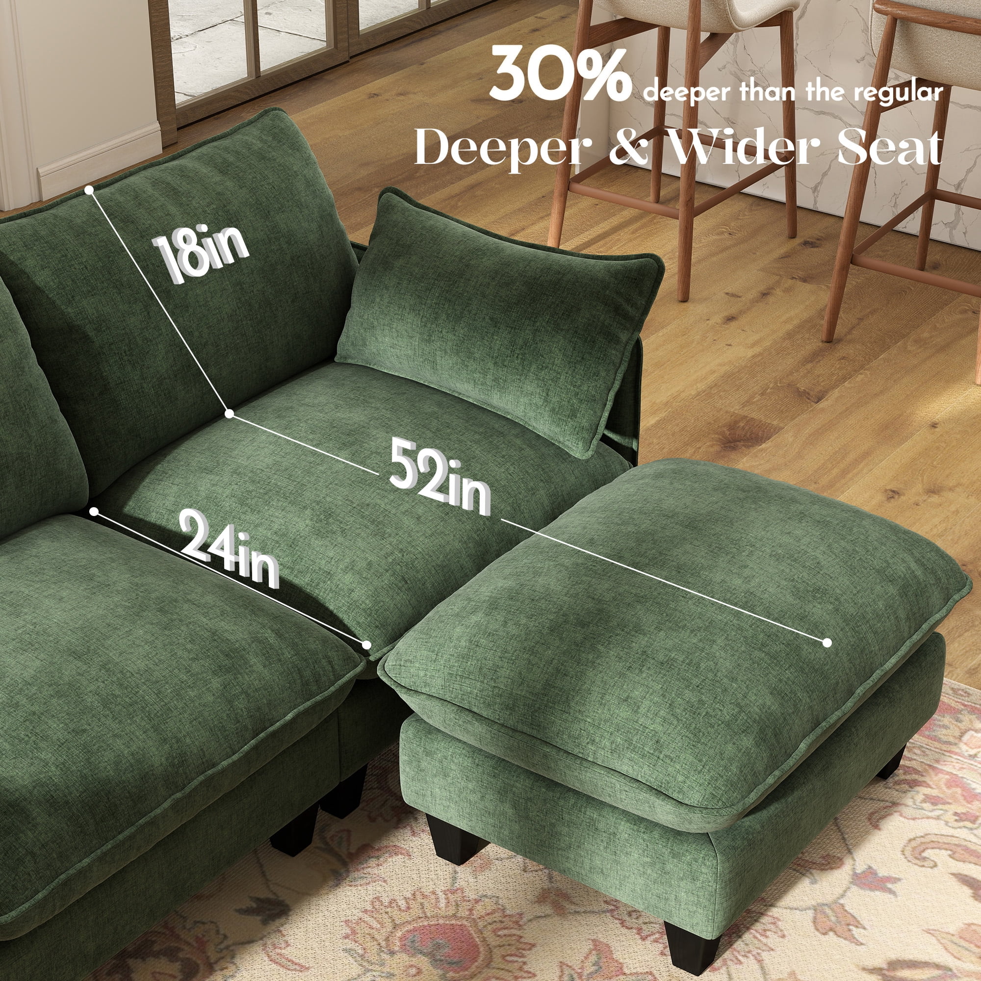 BedLuxury 105" Modular Sectional Sofa with Movable Ottoman, L-Shaped Deep Seat Cloud Couch for the Living Room, 3-Seat, Green