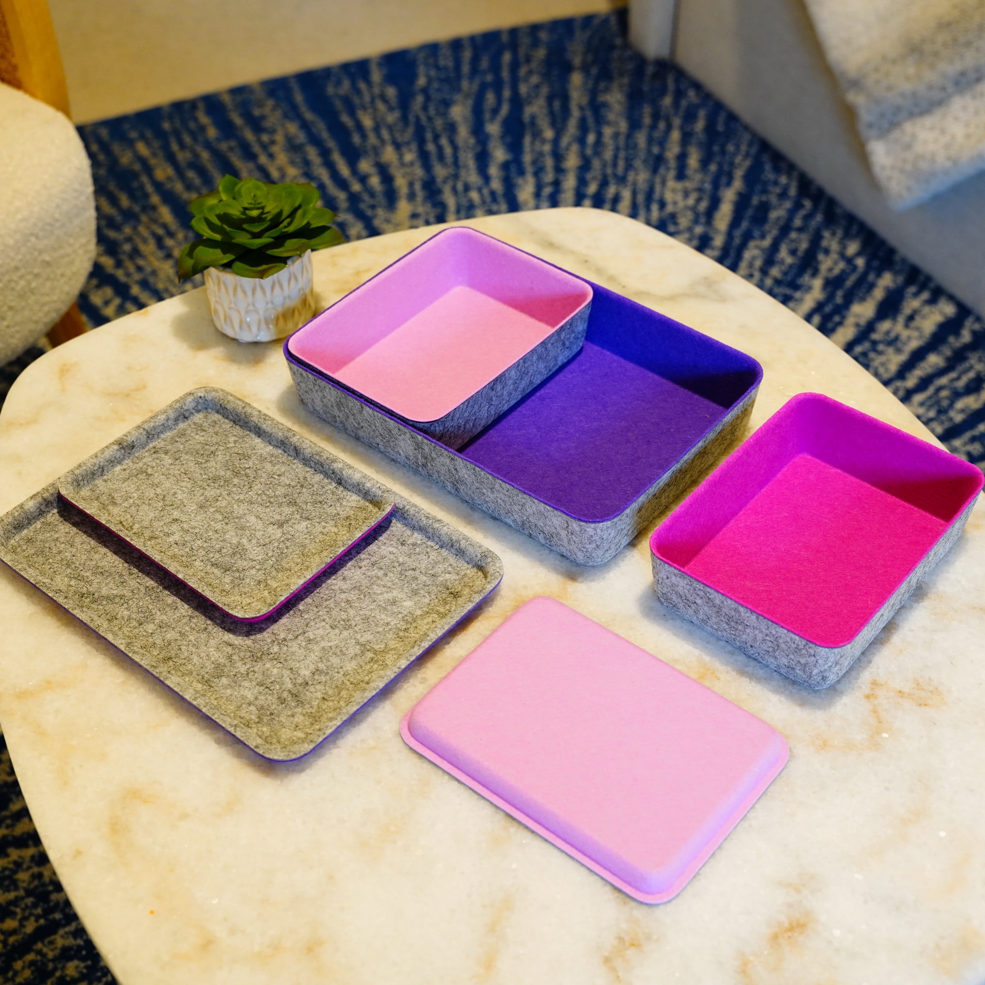 Welaxy Lidded Felt Drawer Organizer Trays with lids Desktop Organizer Bins Storage box for crafts office supplies pen Junk Makeup Stationery Organize 3-Pack (light pink + hot pink + purple)