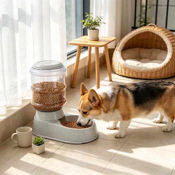 Large Capacity Automatic Dry Pet Food Feeder Plastic Gravity Dispenser for Cats Dogs Puppies Kittens Indoor Daily Feeding,Gray