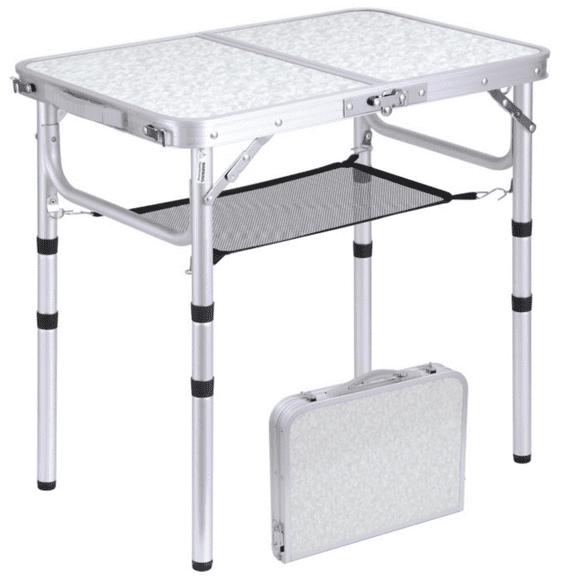 Camping Table: Adjustable Height Small Folding Table 23.6" L x 15.7" W 3 Height with Mesh Layer - Compact & Portable Camping Essentials for Outdoor Camp Garden Picnic BBQ Dining Cooking