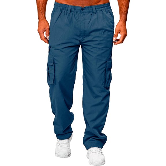 Mens Elastic Waist Cargo Work Pants, Multi Pockets Loose Fit Trousers, Wear Resistant Straight Leg Pants for Construction Hiking Blue 2XL