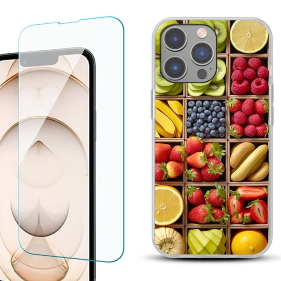 Slim-Fit TPU Phone Case for iPhone 14 Pro, with Tempered Glass Screen Protector, by OneToughShield ® - Fruit Box