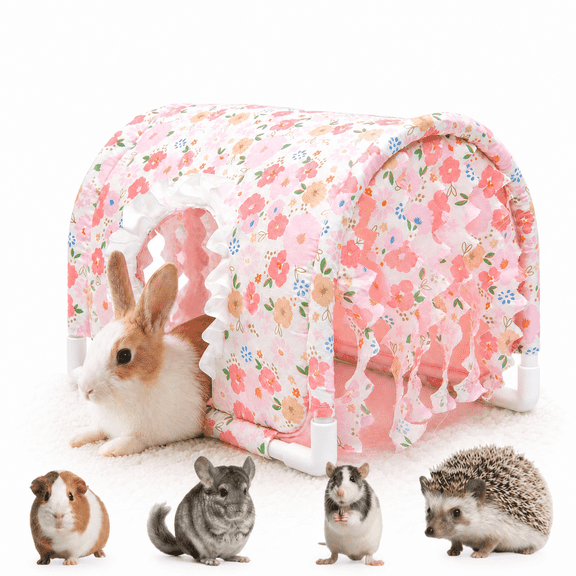 Large Pink Bottomless Guinea Pig Tunnel with Curtains Washable Hideout for Small Pets