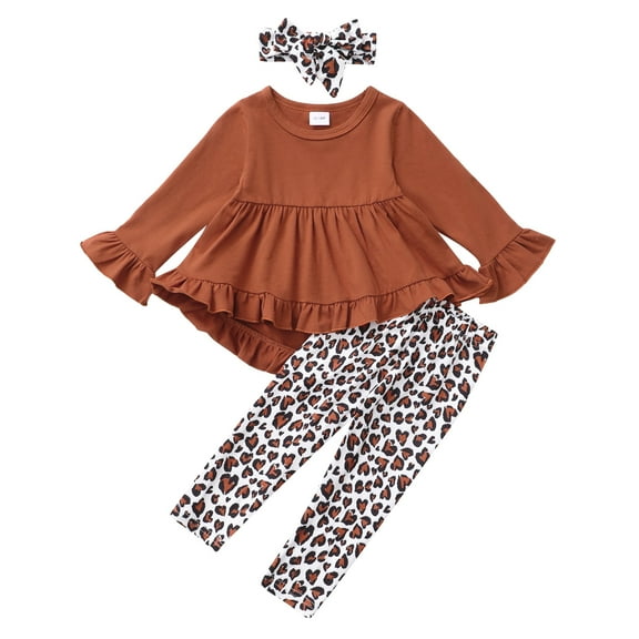 3T Baby Girls Clothes 4T Girls 3PCS Outfits Set Toddler Girls Long Sleeve Irregular Top Pants Set with Headband Brown
