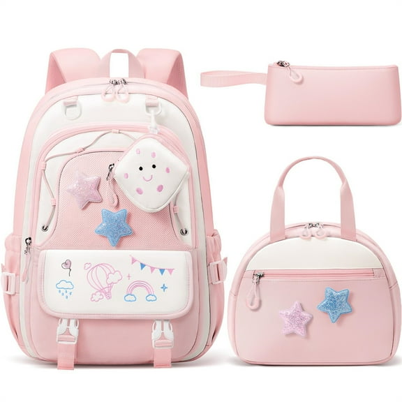 4-Piece Kids Backpacks Set, Waterproof Girls Backpack with Lunch Box, Pencil Case & Headphone Bag Set (Pink)
