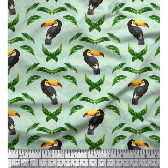 Soimoi Green Velvet Fabric Toucan & Leaf Bird Printed Fabric 1 Yard 60 Inch Wide
