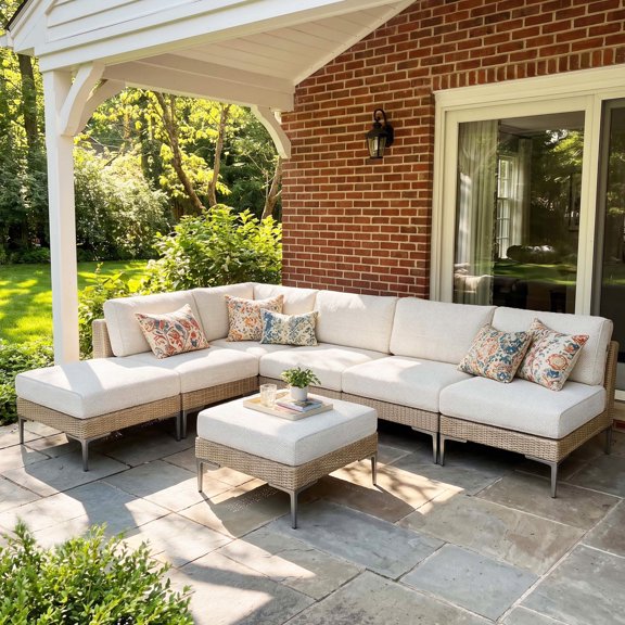 LayinSun 7-Piece Wicker Rattan Patio Furniture Set, Deep Seating Outdoor Modular Sectional Sofa Conversation Set with Thick Cushions for Lawn, Garden