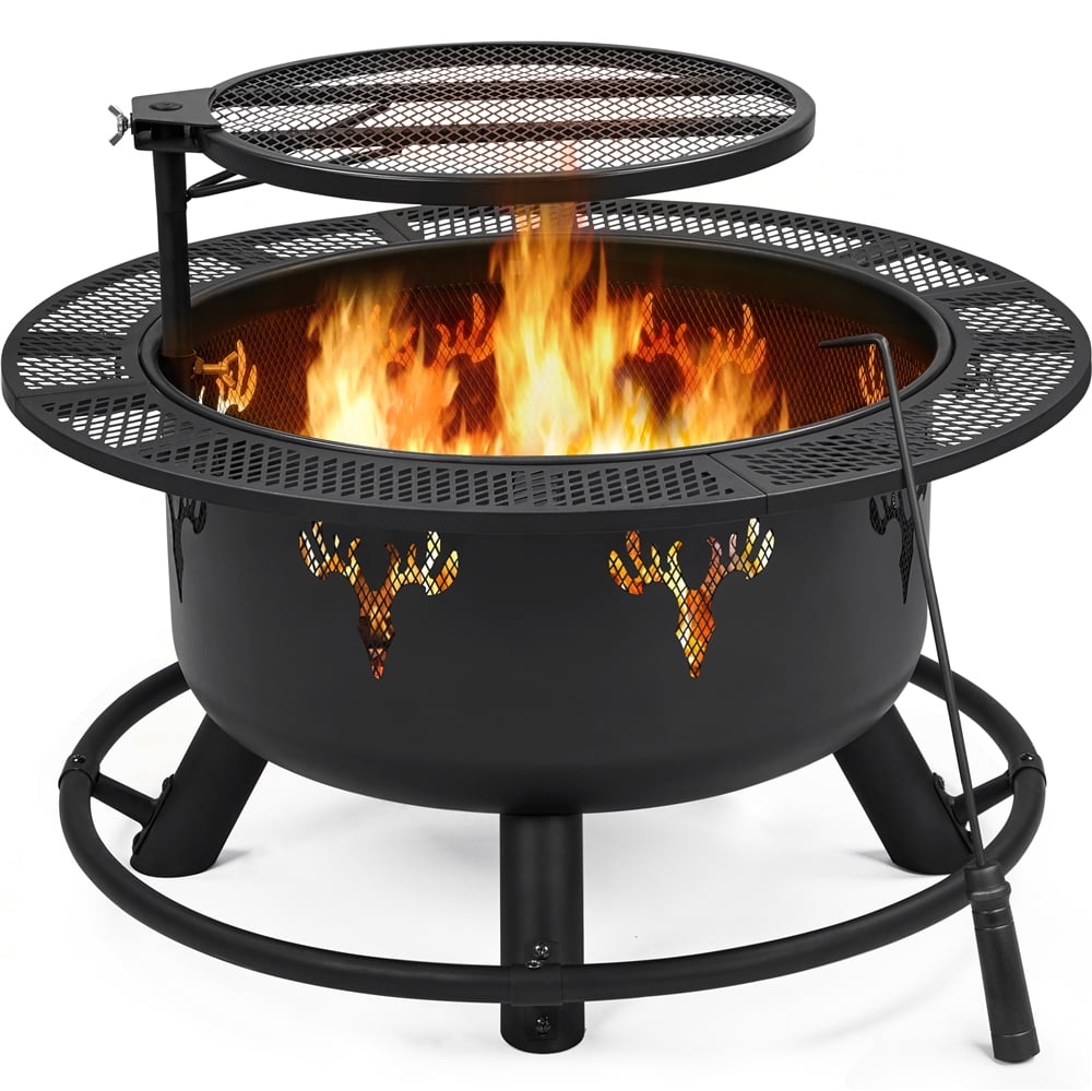 Yaheetech 32'' Round Wood Burning Fire Pit with 18.5'' Swivel Cooking Grill  Grate & Poker for Outdoor Backyard/BBQ/Garden, Black