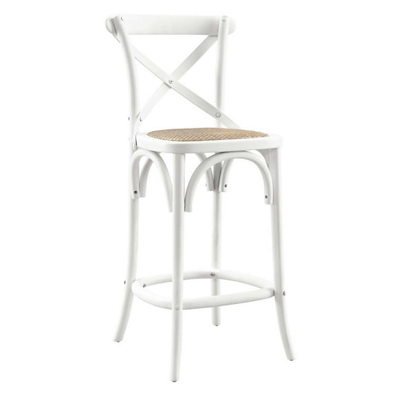 Modway Gear 39.5" Rattan and Elm Wood Counter Stool in White Finish