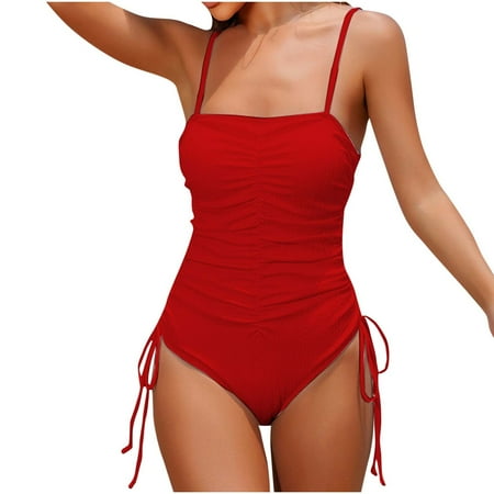 Virmaxy Women s Striped Printed One-piece Swimsuit Sexy Backless Strappy Tankini Camisole Waist Cinching Swimwear With Bra Padded for Pool Party Vacation Red-1 L