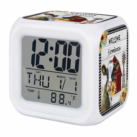 Alarm Clocks Farmhouse Cow Digital Clock 7 Color LED Night Light Silent Non-Ticking Battery Operated Sunflower Barn Windmill Plaid Retro Wood Cube Clocks for Bedroom Bedside Living Room Office