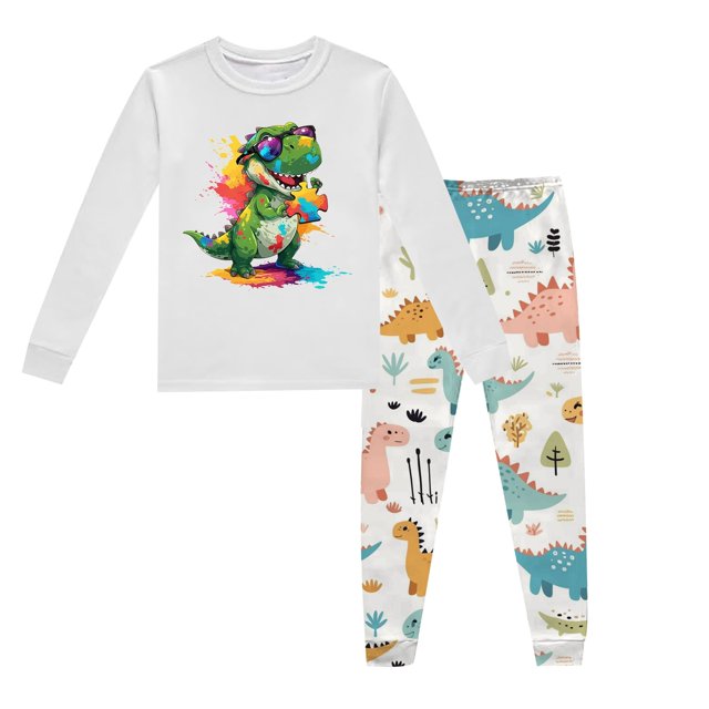 Pyjamas pour Garçons Ensemble de Pyjama Imprimé Dinosaure Col Rond Manches Longues Pantalon 2 Pcs Printemps Automne Pyjamas pour Enfants Gris Clair 4 Ans-5 Ans