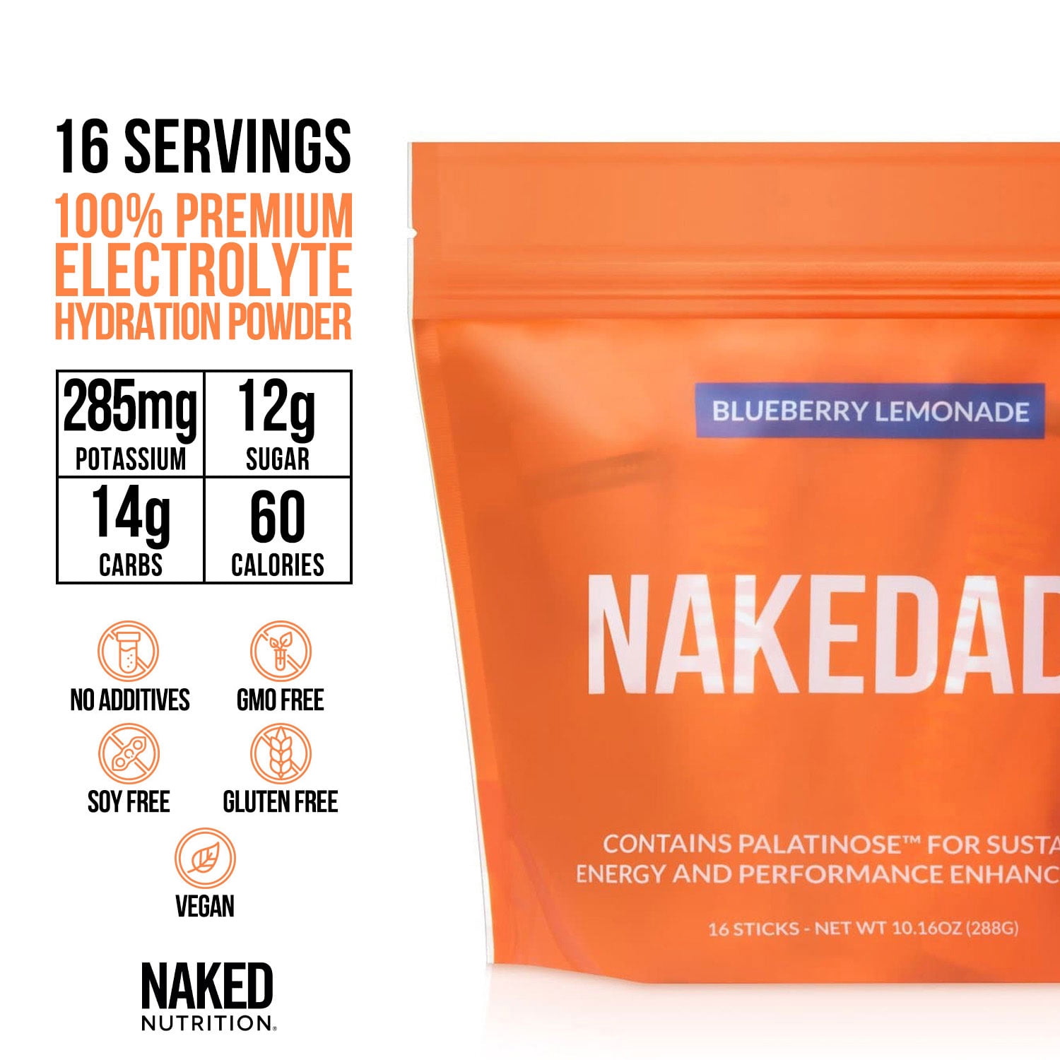 Nakedade – Performance Enhancing Sports Drink Powder - Blueberry Lemonade Electrolyte Powder – No GMOs or Artificial Sweeteners, Gluten-Free, Soy-Free, Dairy-Free – 16 Sticks