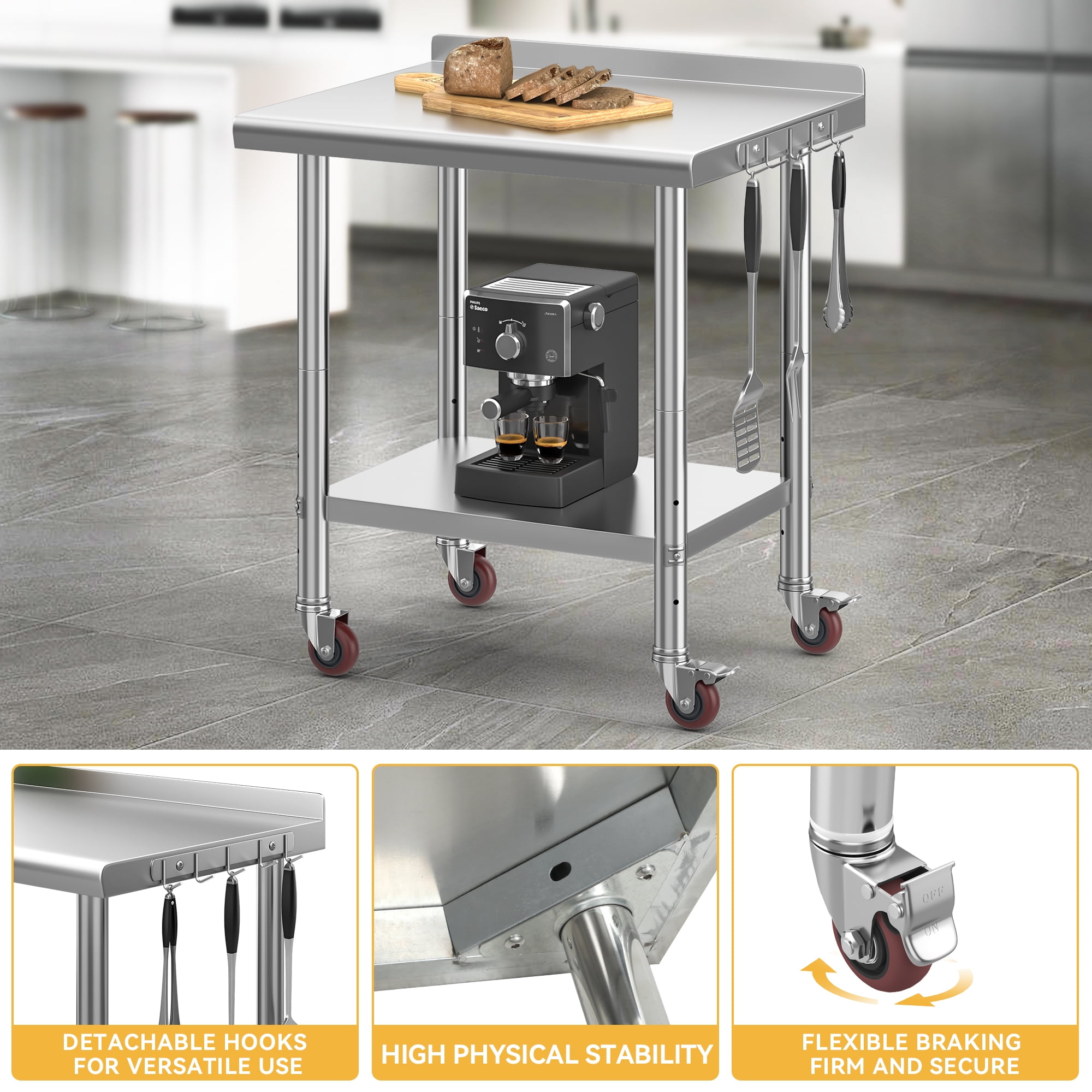 Dextrus Versatile 30" x 24" Stainless Steel Work Table with Wheels, Backsplash, and Adjustable Undershelf, Metal Prep Table for Domestic and Commercial Use