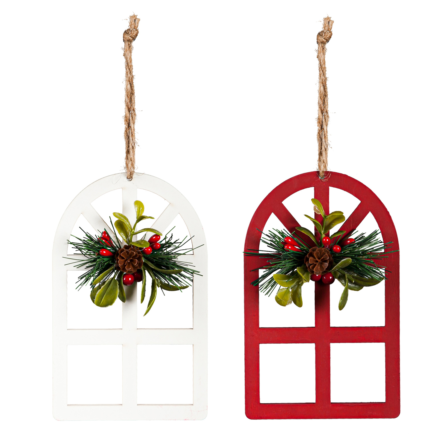 Wood Window Frame Ornament with Artificial, 2 Asst Red/White