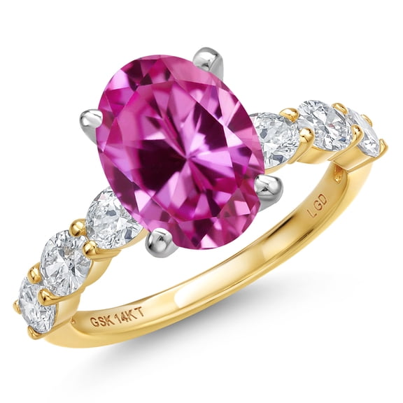 Gem Stone King 14K Two Tone Gold Pink Created Sapphire and Lab Grown Diamond Engagement Ring for Women | 5.40 Cttw | Oval 11X9MM | Gemstone September Birthstone | Size 8