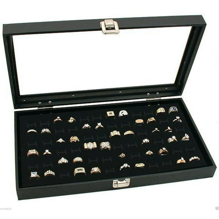 Glass Top Lid 72 Ring Black Showcase Jewelry Display Storage Organizer Box