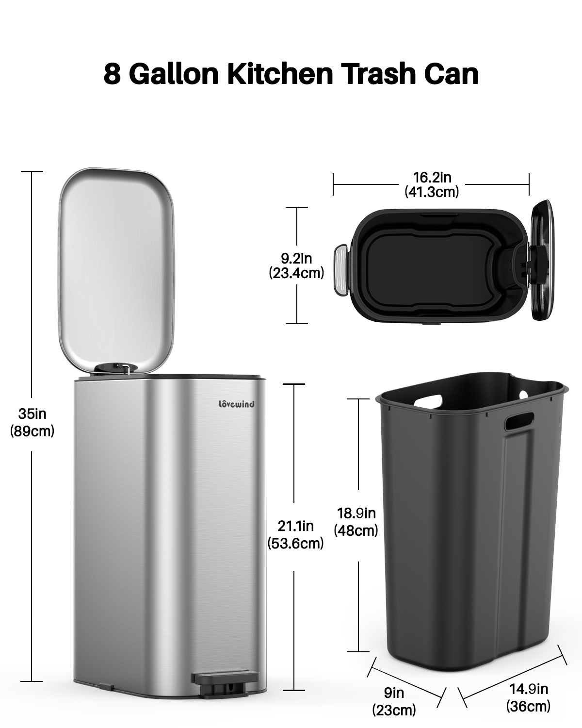 8 Gallon (30L)Trash Can,Stainless Steel Step Garbage Can with Lid ,Waste Bin for Kitchen,Bathroom,Bedroom Home Office,Silver