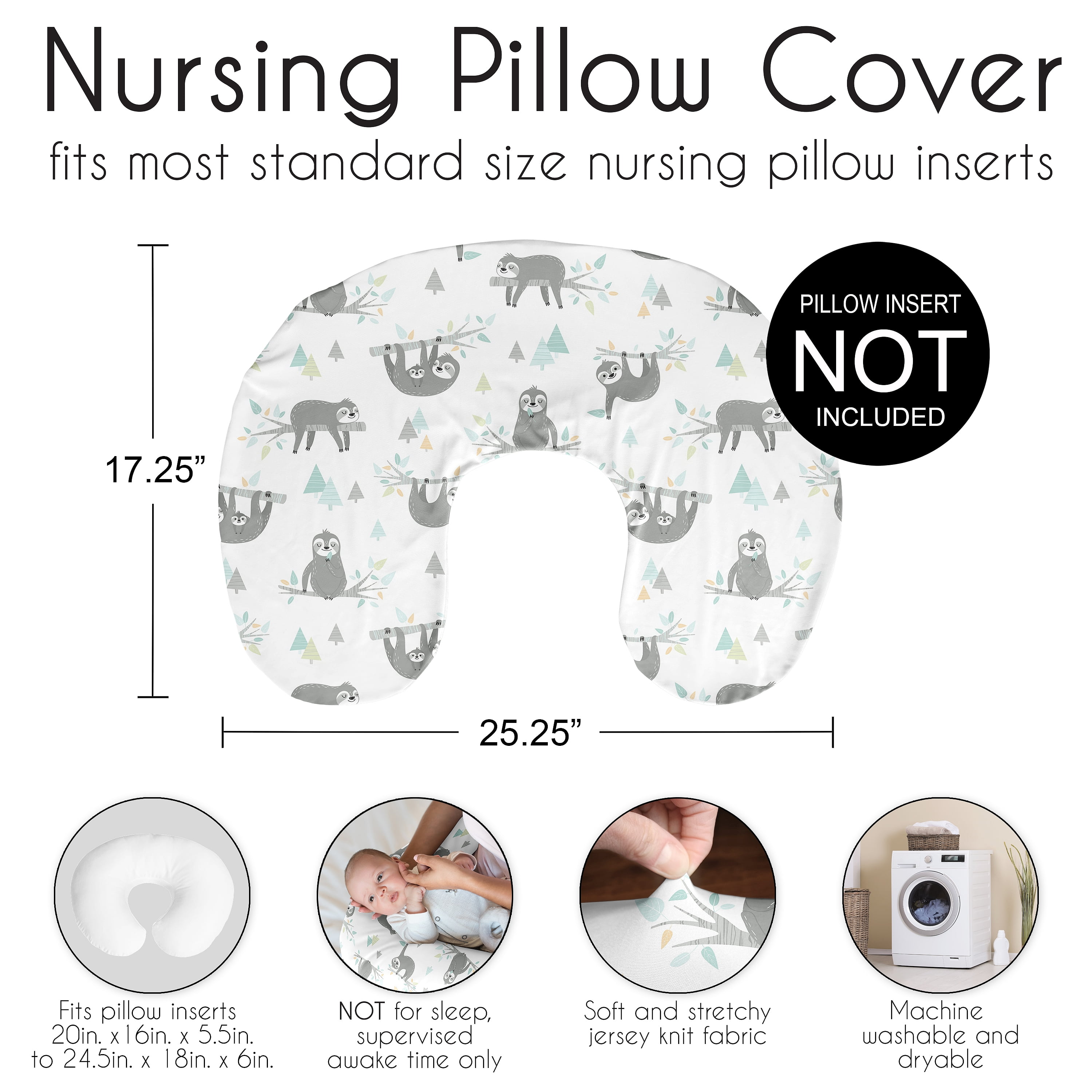 Sweet Jojo Designs Sloth Blue Grey and White Nursing Pillow Cover Case (Pillow Not Included) (Pillow NOT Included)