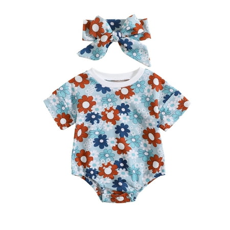 

Infant Baby Girls Summer Outfits 4th of July Floral/Letter Print Short Sleeve Romper with Elastic Bow Headband Clothes Set