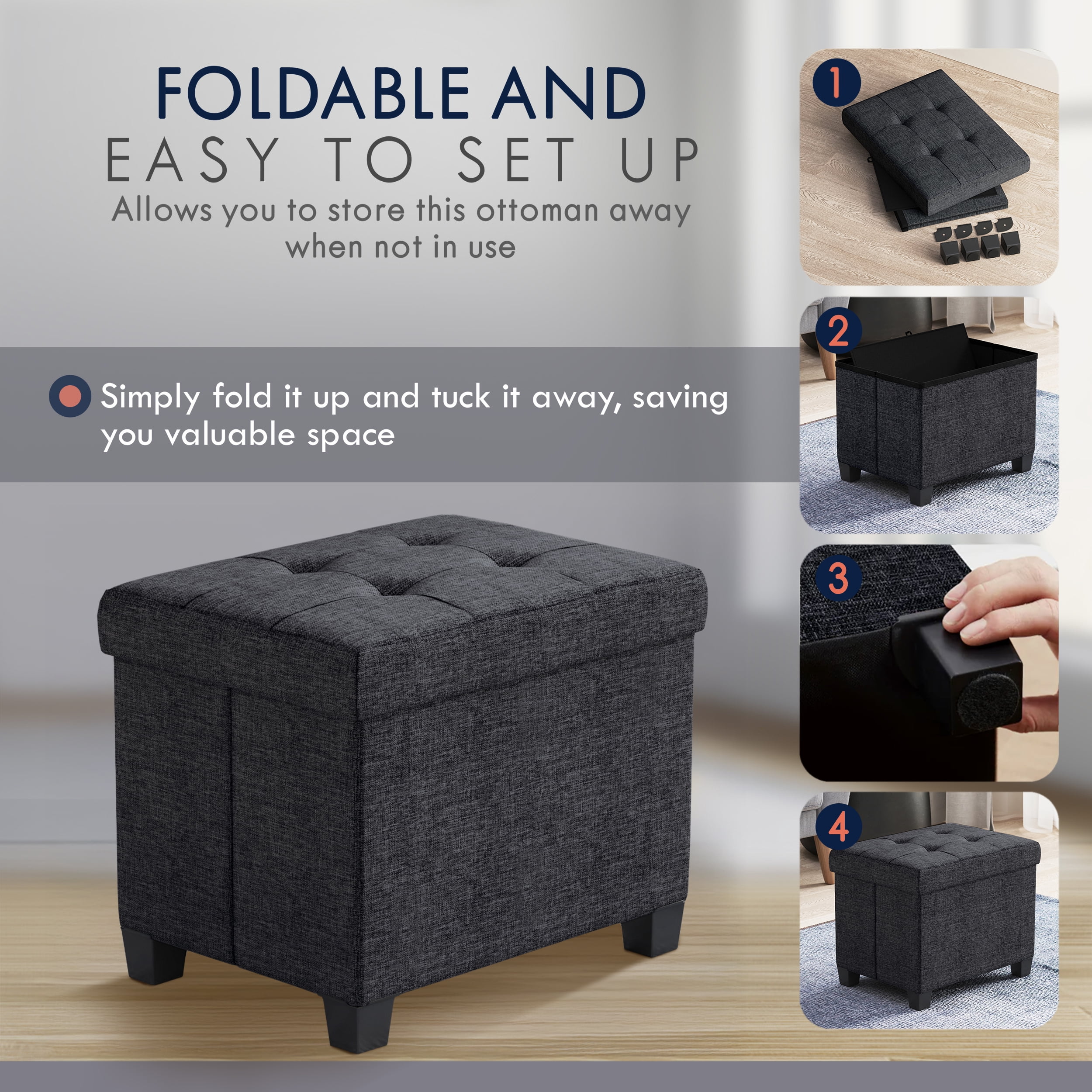Ornavo Home Storage Ottoman Small Rectangle Ottoman with Legs, Foot Rest Stool Seat, Load up to 600 LB, for Living Room, Bedroom, Home Office, Dorm - 12 x 16 x 12, Black