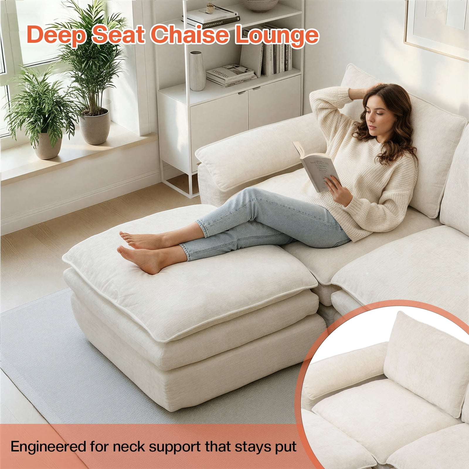 Kelyda 116'' Cloud Sectional Couches L Shaped, Modern Convertible Modular Cloud Chenille Sofa for Living Room White