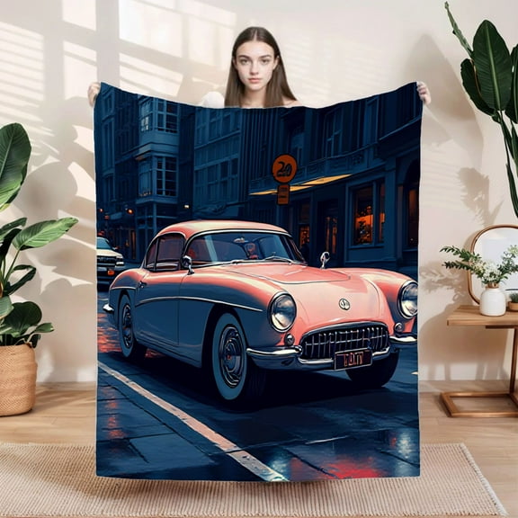 Cozy Soft Flannel Blanket - Durable Warm Throw for Sofa Travel & Bed - Stylish Vintage Pink Car Pattern Design