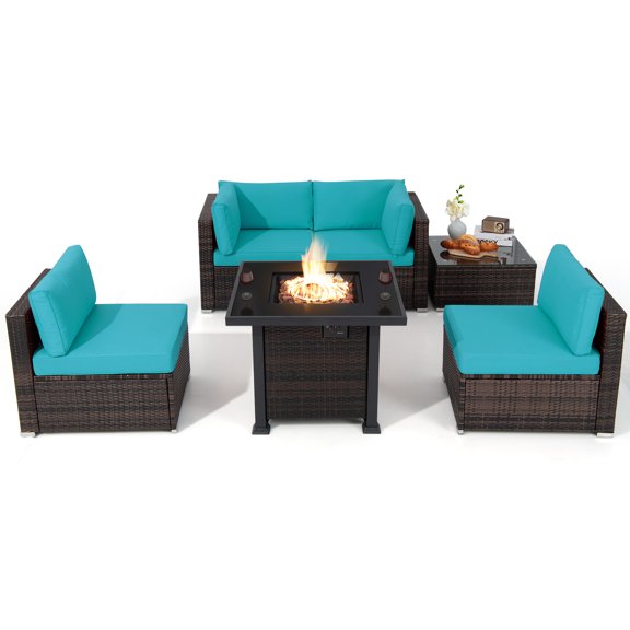 Topbuy 6 Piece Patio Wicker Conversation Set,Outdoor Rattan Sofa Set w/32" Propane Fire Pit Table,50,000 BTU Heat,Tempered Glass Tabletop Turquoise