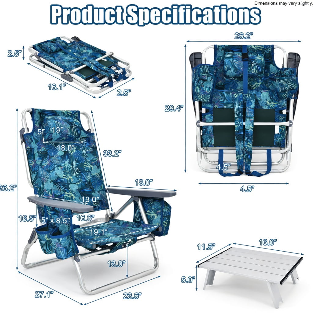 Hommoo 2-Pack Adjustable 5-Position Aluminum Beach Chair Set with Folding Side Table， Lightweight Portable Camping & Outdoor Reclining Chairs, Multicolor