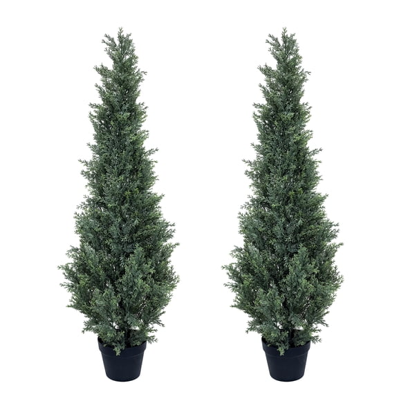 Topiario Artificial Set 2 Towallmark - Ciprés realista 5FT, maceta negra, resistencia UV, para jardín/patio, color verde