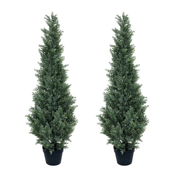 Senfot 5FT 2PCS UV Resistant PE Artificial Cypress Tree with Black Pot Lifelike Evergreen Faux Shrub Weatherproof Low Maintenance Outdoor Garden Yard Decor