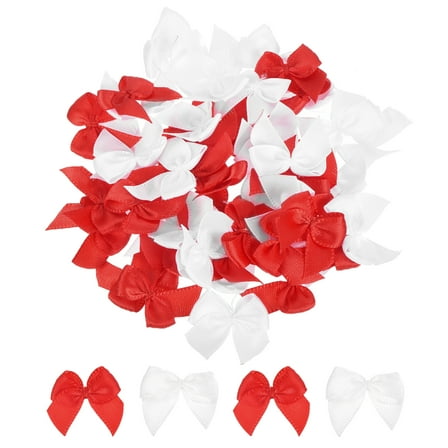 50Pcs Mini Ribbon Bow 1" Mini Fabric Satin Ribbon Flower Bows for Craft DIY Sewing Wedding Birthday Party White & Red