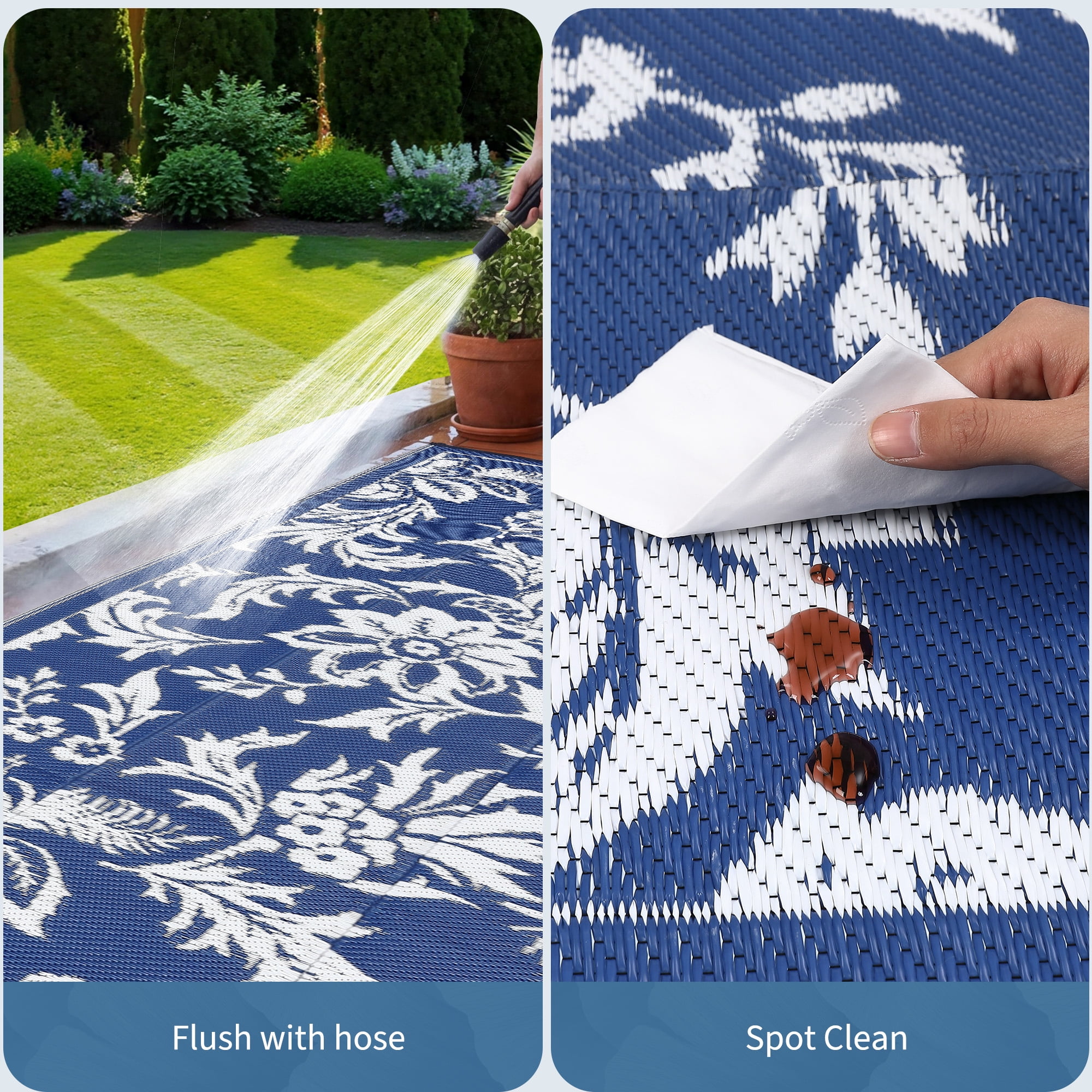 Waterproof Outdoor Rug 8x10 FT Reversible Plastic Straw Patio Mat, Lightweight Foldable Area Rug for RV Camping, Deck, Backyard, Porch, Beach, Picnic, Dark Blue & White