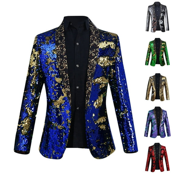 UVEASISHA Men Party Blazer Jacket Sequin Slim Fit Stylish Tuxedo Hot Stamping Printed Single-breasted Suit Jackets for Dinner Prom Gold 3XL