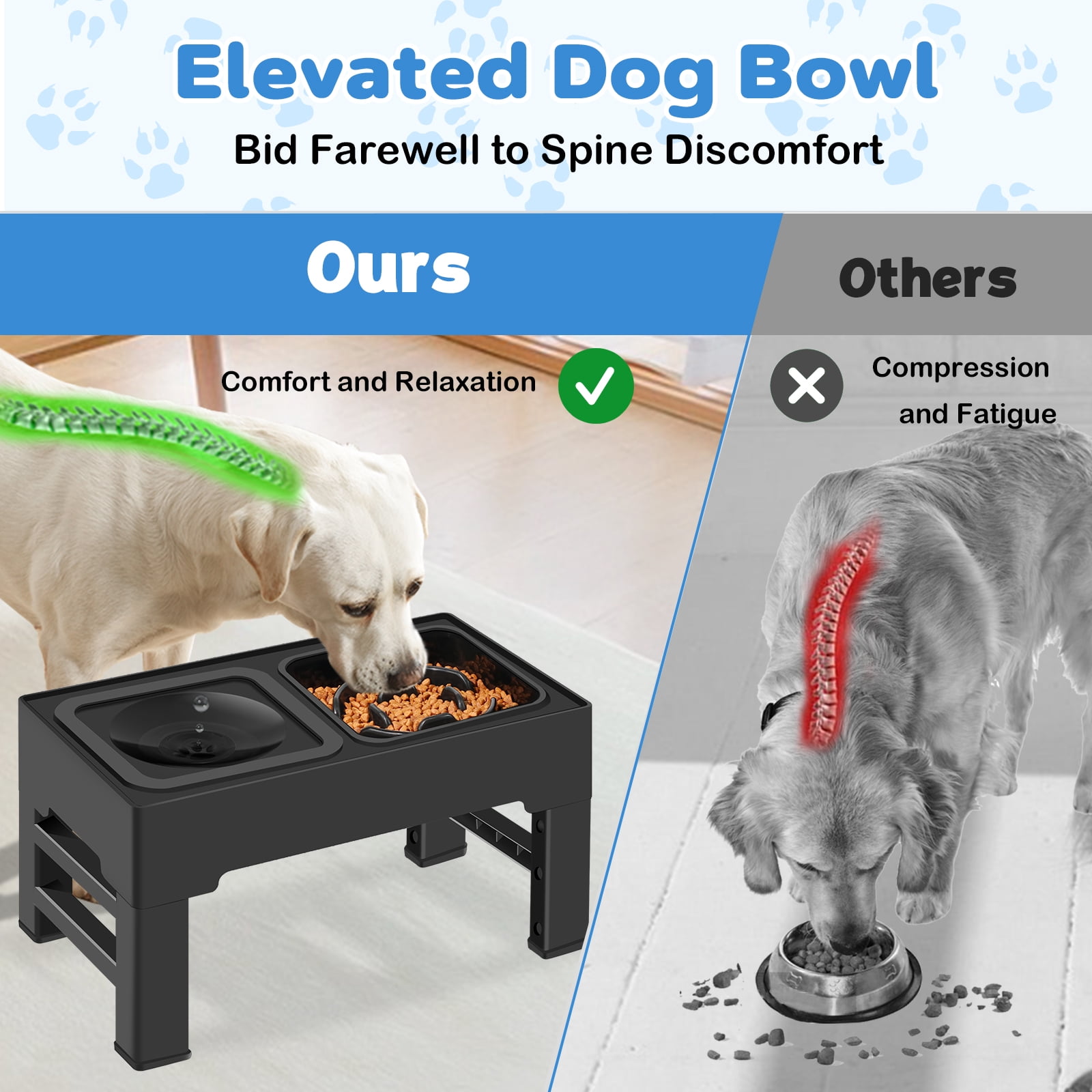2-in-1 Elevated Slow Feeder Dog Bowls, 4 Height Adjustable Raised Dog Bowls Stand with No Spill Water Bowl, Non-Skid Pet Food Feeding Set for Small, Medium, Large Dogs Cats