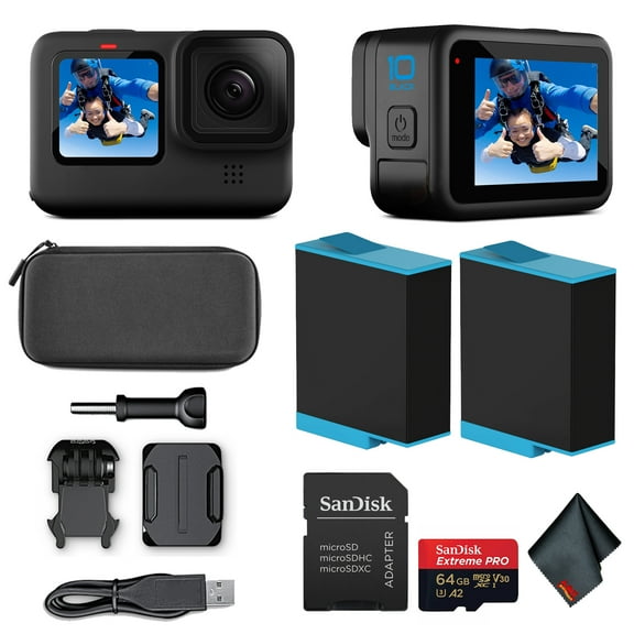 GoPro HERO10 (HERO 10) Black- Waterproof Action Camera with Front LCD and Touch Rear Screens, New GP2 Engine, 5K HD Video, 23MP Photos, Live Streaming,   64GB Extreme Pro Card and Extra Battery