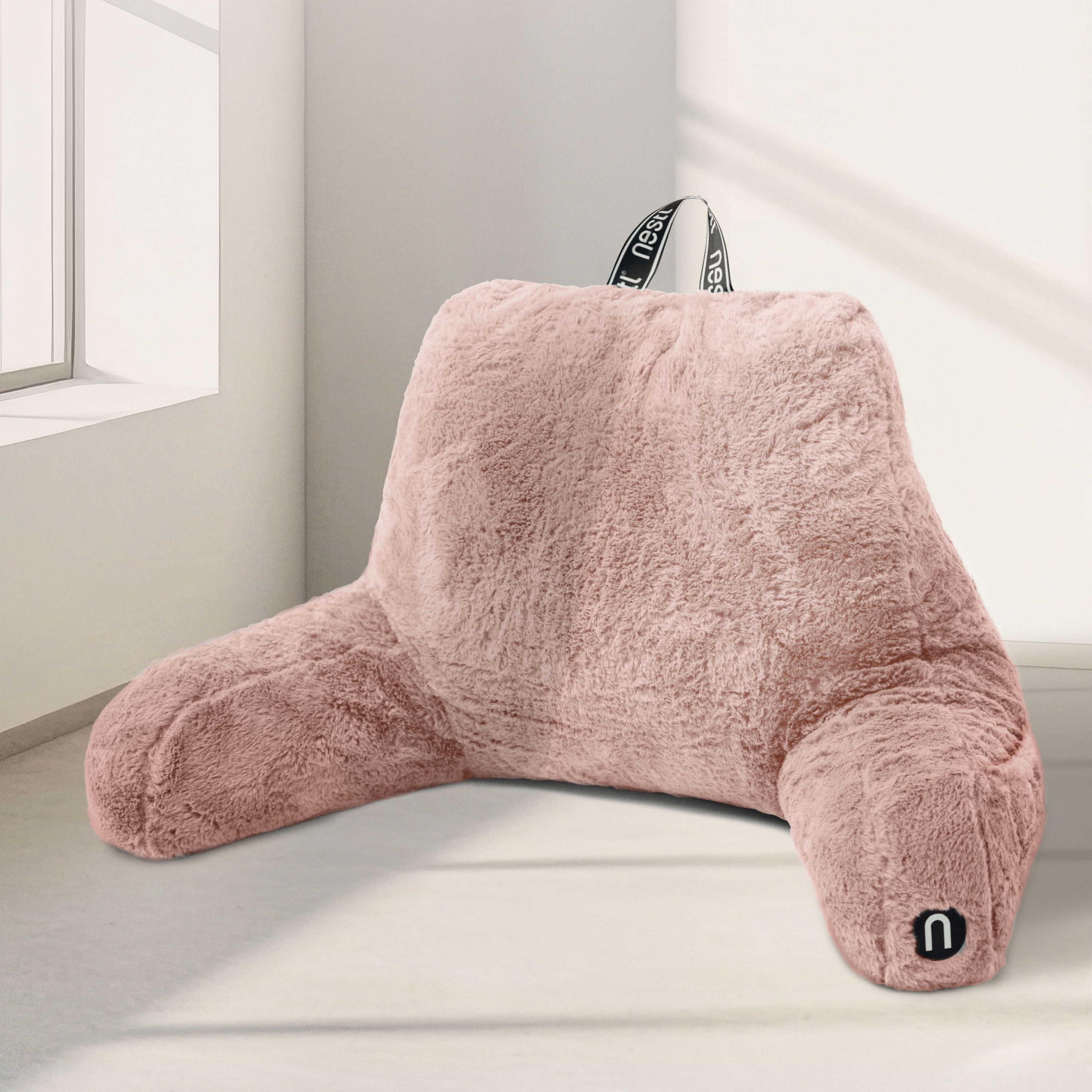 Nestl Fur Reading Pillow with Lap Desk, Stylish Arm Rest Pillow, Lap Desk with Backrest Pillow for Sitting in Bed, Faux Fur, Peach Beige