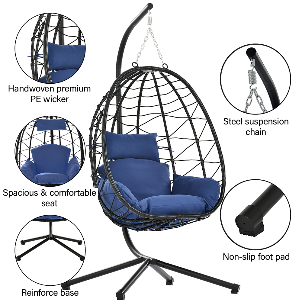 Wicker Hanging Egg Chair with Stand, Hammock Egg Chairs with Hanging Kits, Soft Cushion & Pillow, Large Swing Lounge Chair, Outdoor Indoor Patio Balcony Bedroom Relaxing Basket Chair, B054 - image 5 of 9