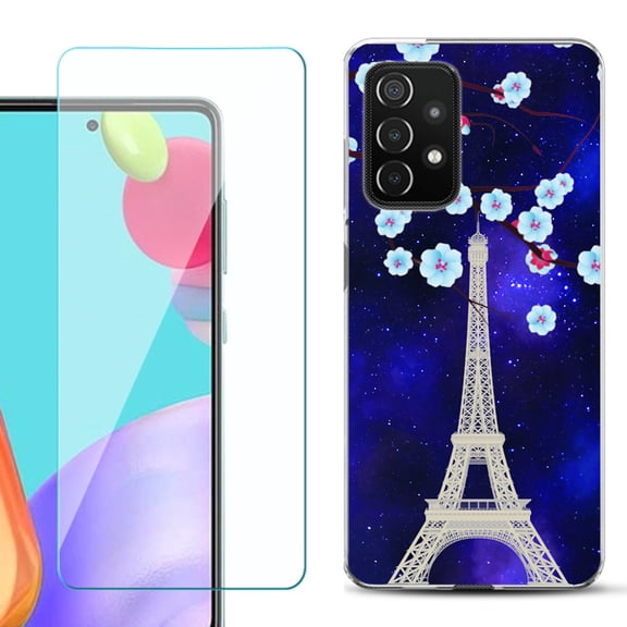 Slim-Fit Flexible Gel TPU Phone Case compatible with Samsung Galaxy A52 5G, with Tempered Glass Screen Protector, by OneToughShield ® - Eiffel Tower Stars