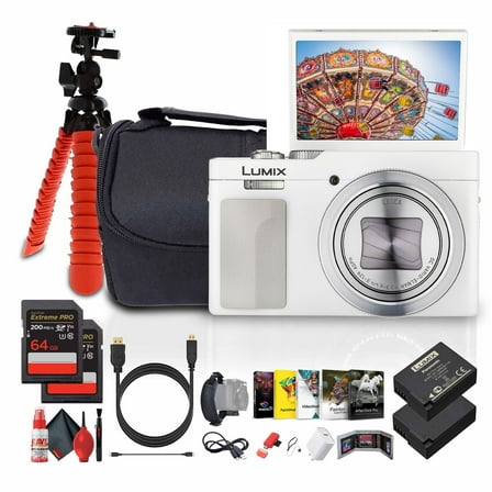 Panasonic TZ99 / ZS99 Point and Shoot Compact Travel Digital Camera (White) (DC-TZ99E-S)   Photo Software   2 x 64GB Card   DMW-BLG10 Battery   Camera Bag   Flexible Tripod   USB-C Cable   More