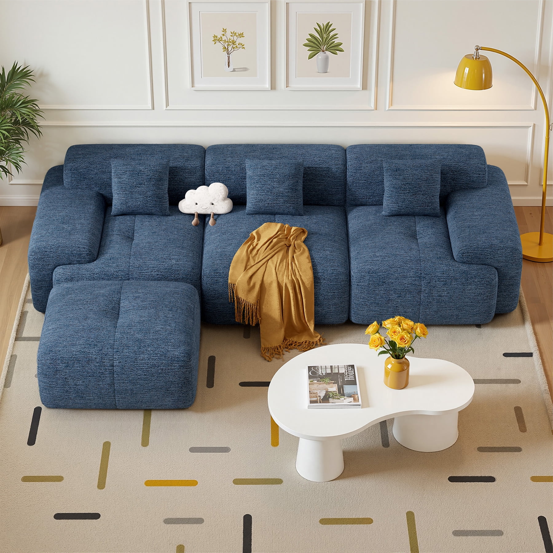 Daluvenix 122" Modern L Shaped Modular Sectional Sofa, Chenille Modular Cloud Couch for Living Room with Deep Seat, 4 Seater Convertible Cloud Couch Sofa Set, No Assembly Required, Blue