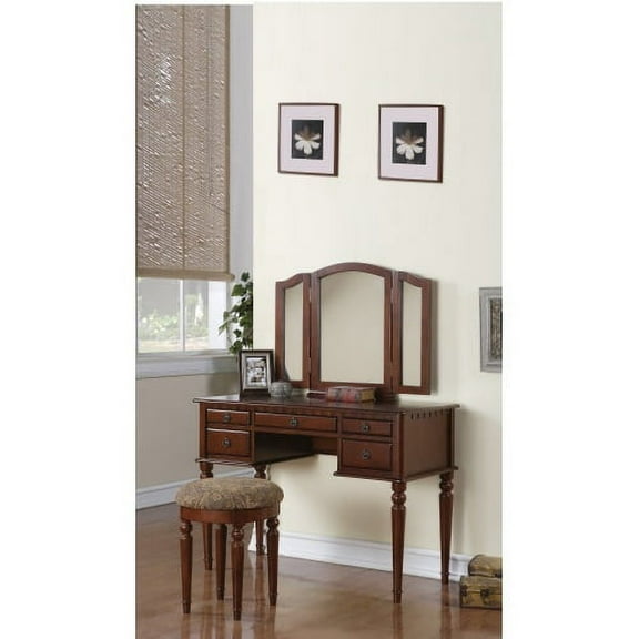 Bedroom Contemporary Vanity Set w Foldable Mirror Stool Drawers Cherry Color