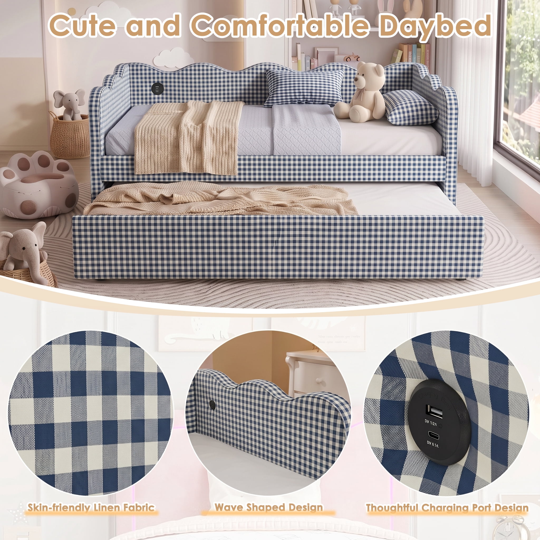 avobird Cozy Gingham Daybed with Trundle Full Size Sofa Bed for Living Room, Sleeper Sofa with USB Port and Adorable Wave Shaped, Linen Fabric, Navy Blue
