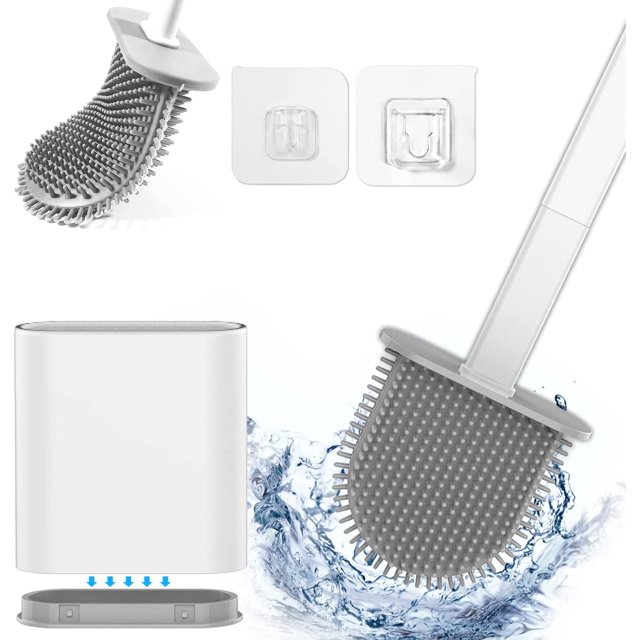Escobilla de baño de silicona flexible, sistema de limpieza de inodoro, varita de inodoro montada en la pared, mango largo antideslizante, cerdas de silicona suaves para limpiar fácilmente la esquina