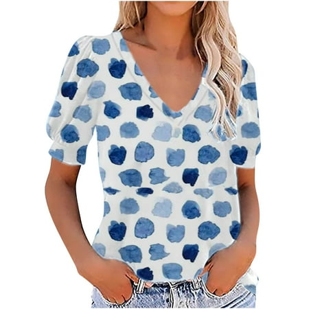 

Corset Tops for Women Women Fashion Casual Print V Neck Loose Puff Short Sleeve T-shirt Top Blouse Pullover Tshirts Shirts for Women Light blue XXL