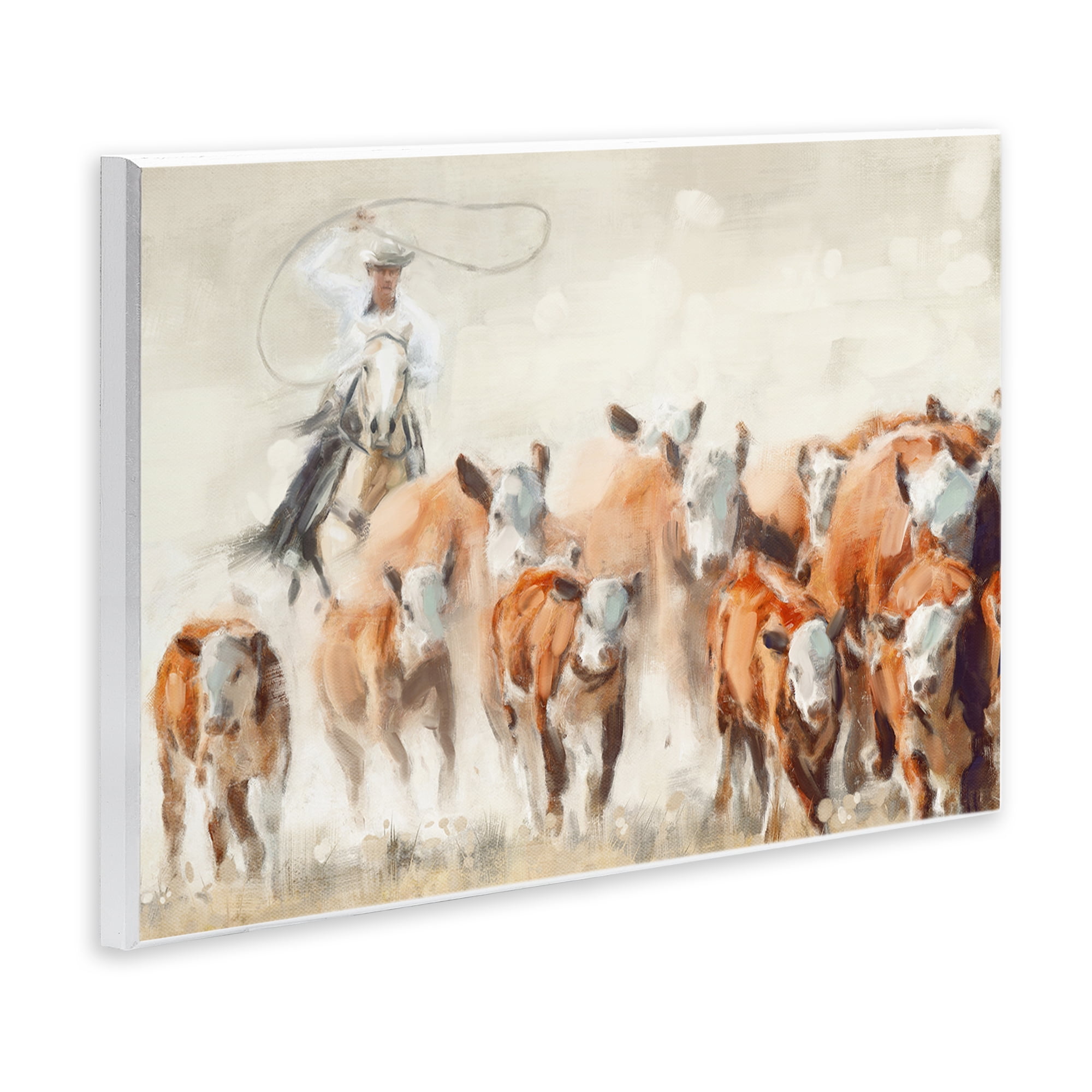 Stupell Industries Cowboy Cattle Roundup Animals Painting Unframed Art Print Wall Art, 19 x 13