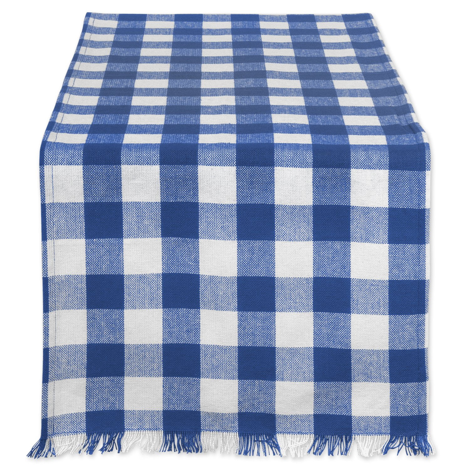 72" Navy Blue and White Checkered Rectangular Table Runner with Fringes