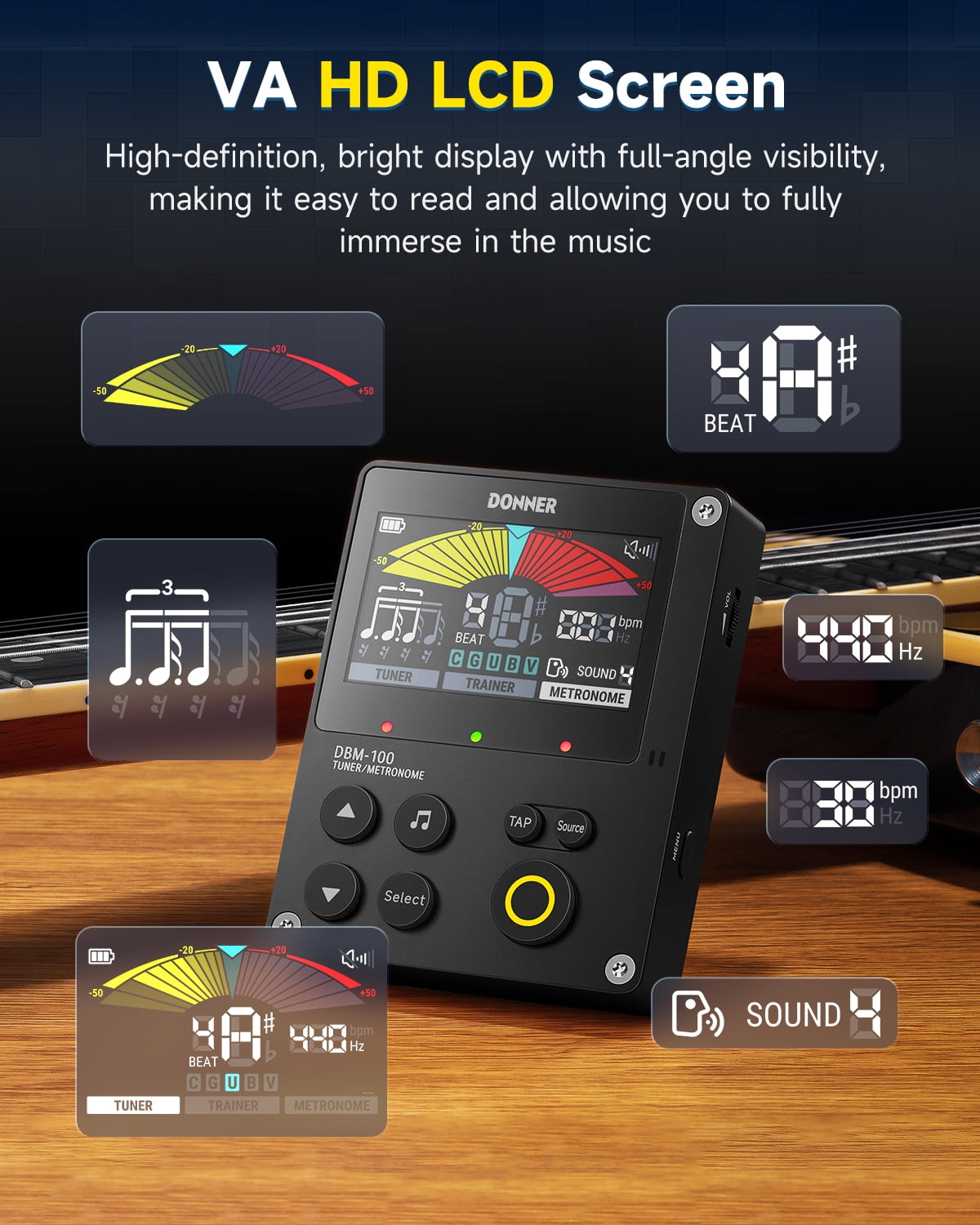 Donner 3-in-1 Rechargeable Digital Metronome Tuner For Guitar, Violin, Ukulele, Piano, Flute & All Instruments, Black