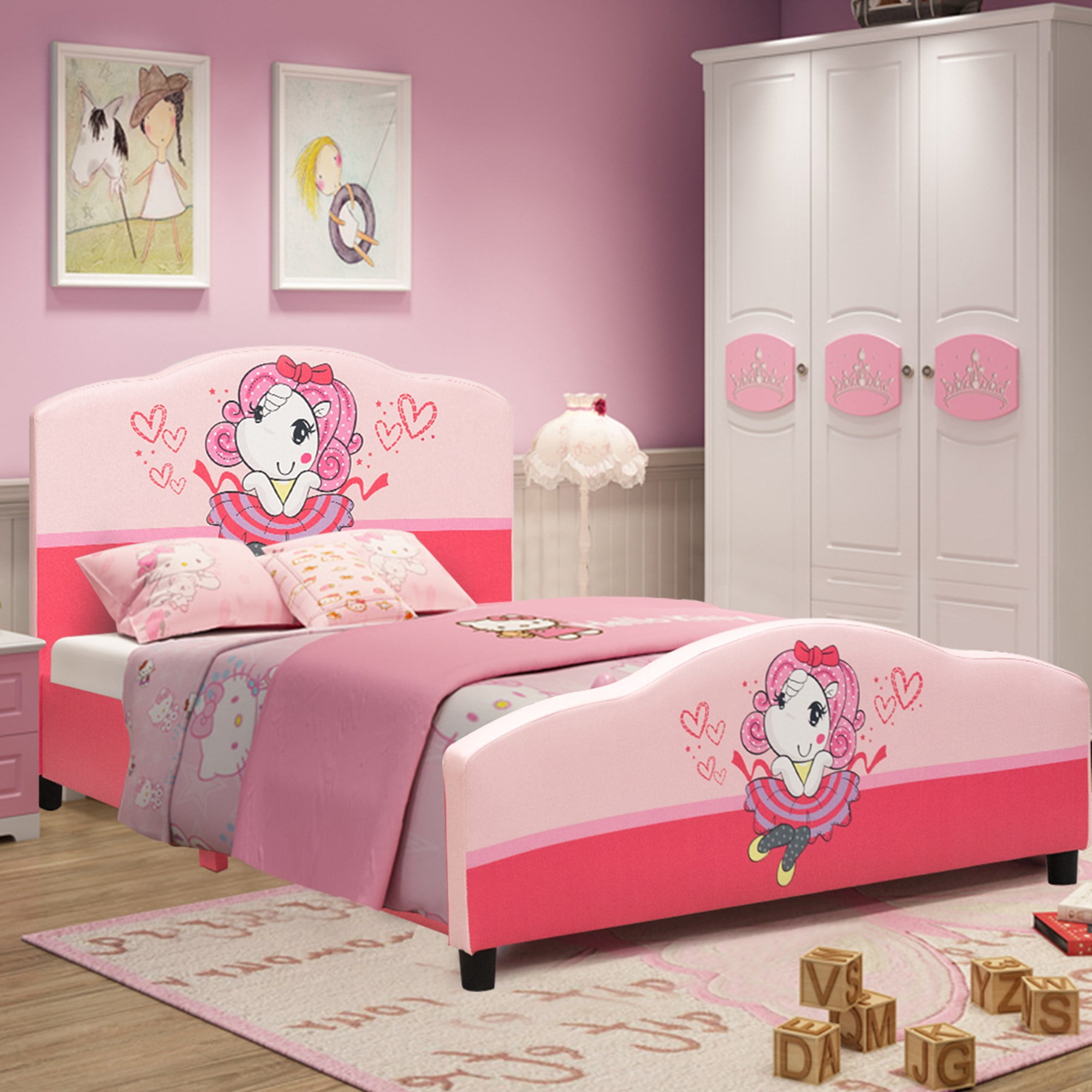 Costway Kids Children Upholstered Platform Toddler Bed Bedroom Furniture Girl Pattern