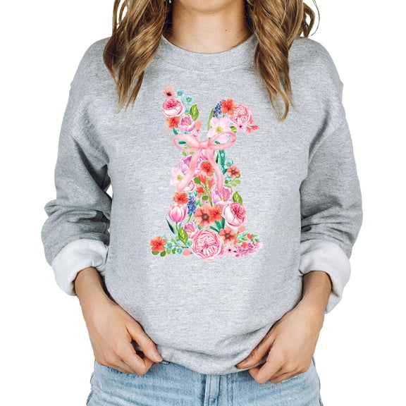 Floral Easter Bunny Sweatshirt for Women Teens and Girls Spring Watercolor Crewneck Gray Sweatshirt Adult Large